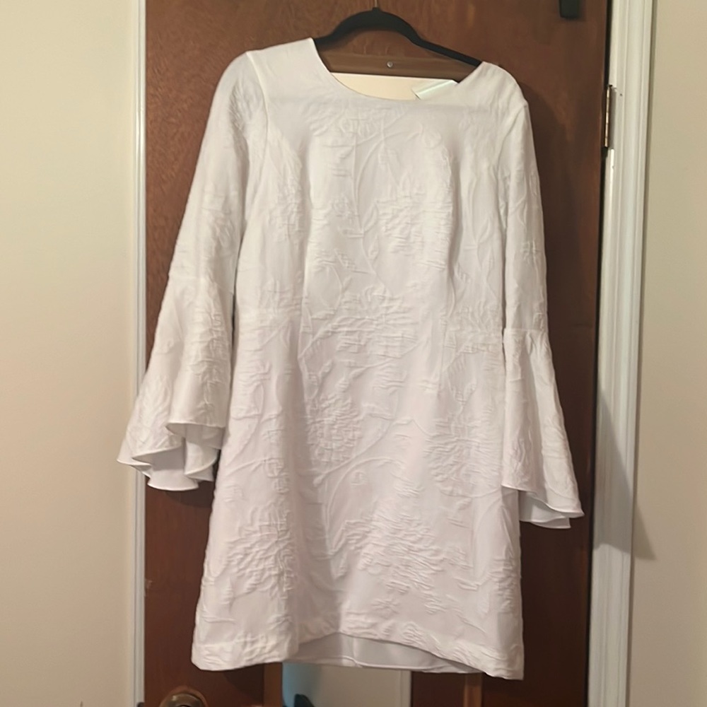 White mini stretch fabric Lilly Pulitzer dress with bell sleeves
